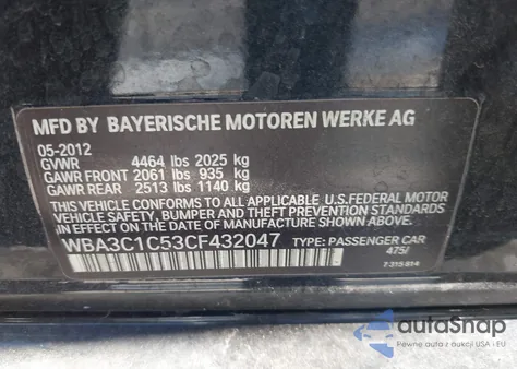 2012 BMW 328I z USA, uszkodzony, nr VIN WBA3C1C53CF432047